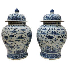 Pair of Blue and White Porcelain Jars with Covers