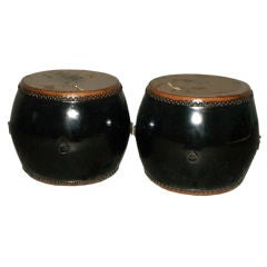 Antique A Pair of Black Lacquer Drums With Leather Top & Bottom