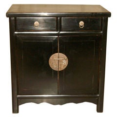 Antique Black Lacquer Chest With 2 Drawers & A Pair Of Doors