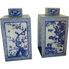 A Pair Of Blue & White Square Porcelain Jars With Covers