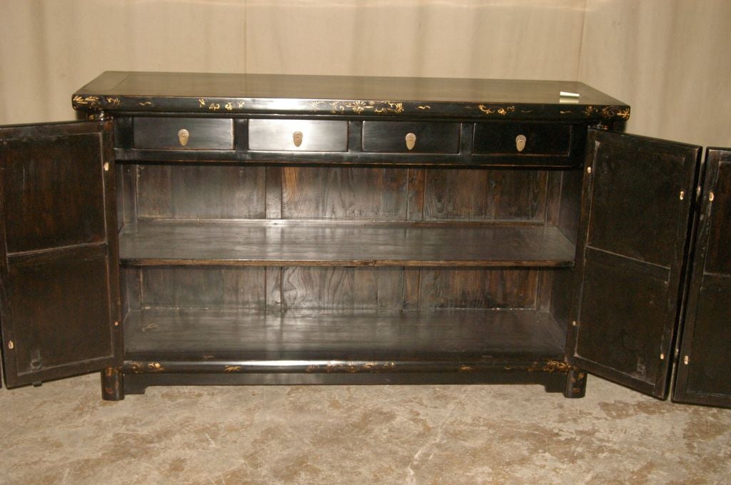 Chinese Fine Black Lacquer Sideboard With Gold Gilt Motif