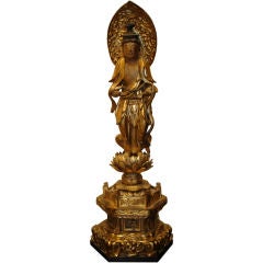 Fine Japanese God Gilt Wood Buddhisattva Standing On Lotus Base 3