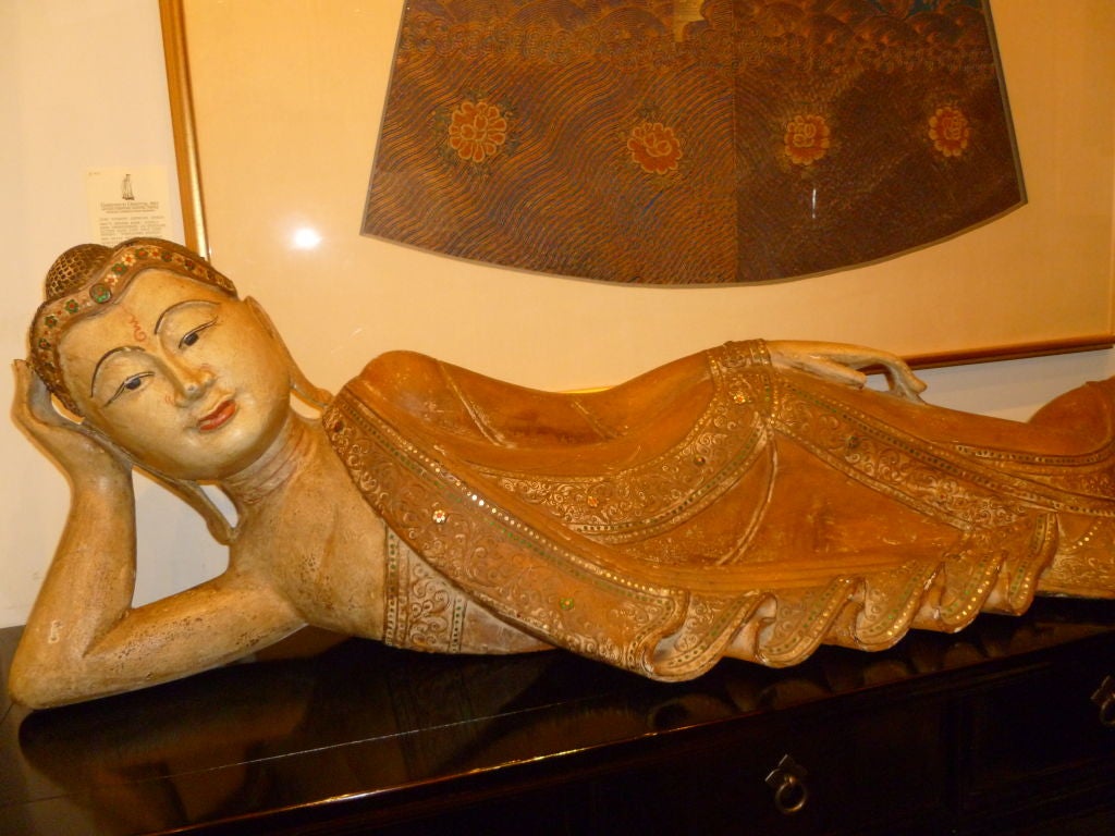 Unusual Thai Painted Wood Reclining Buddha In Excellent Condition In Greenwich, CT