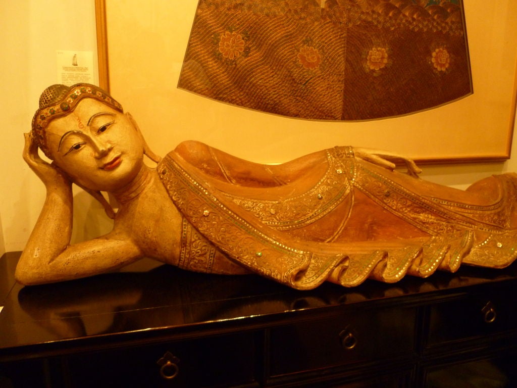 19th Century Unusual Thai Painted Wood Reclining Buddha