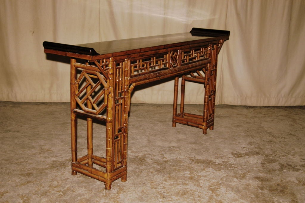 Chinese Fine Bamboo Altar Table With Black Lacquer Top
