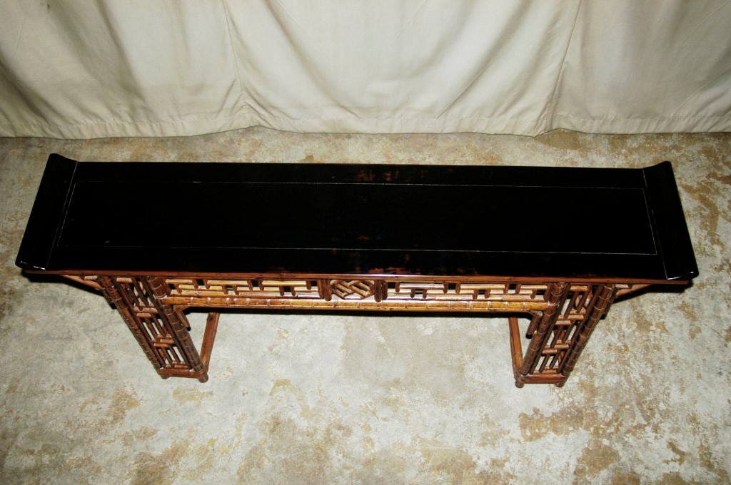 Fine Bamboo Altar Table With Black Lacquer Top In Excellent Condition In Greenwich, CT