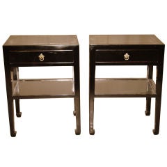 A Pair of Black Lacquer Pedestal / End Table With Shelf & Drawer