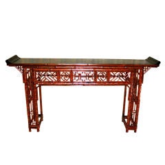 Antique Bamboo Console Table With Black Lacquer Top