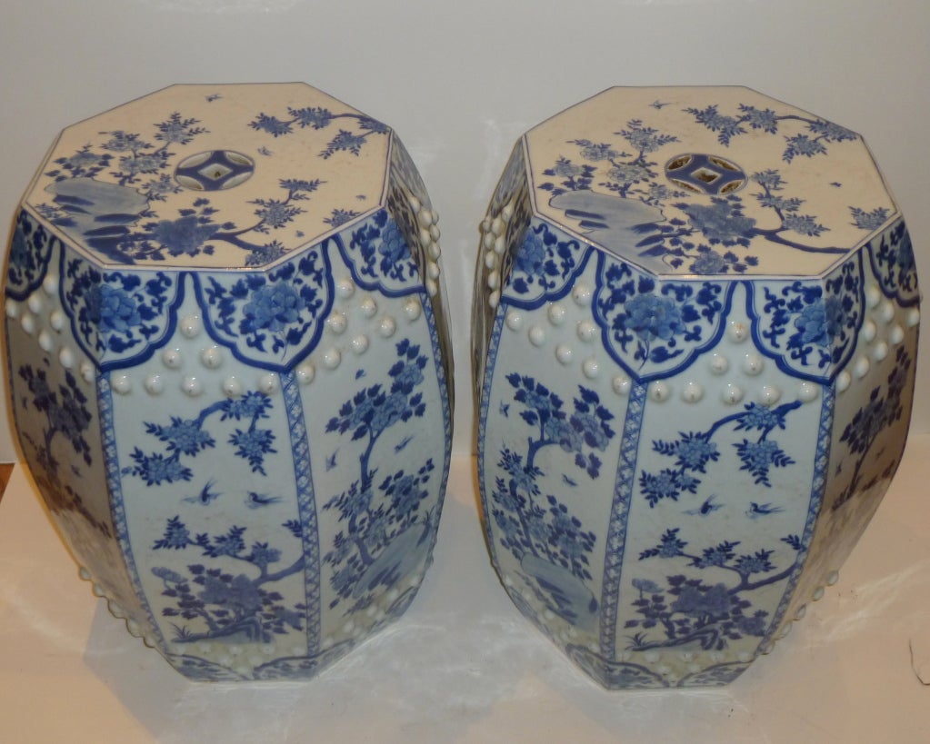 Ming Pair of Chinese Porcelain Garden Seats / End Tables Blue And White Floral Motif