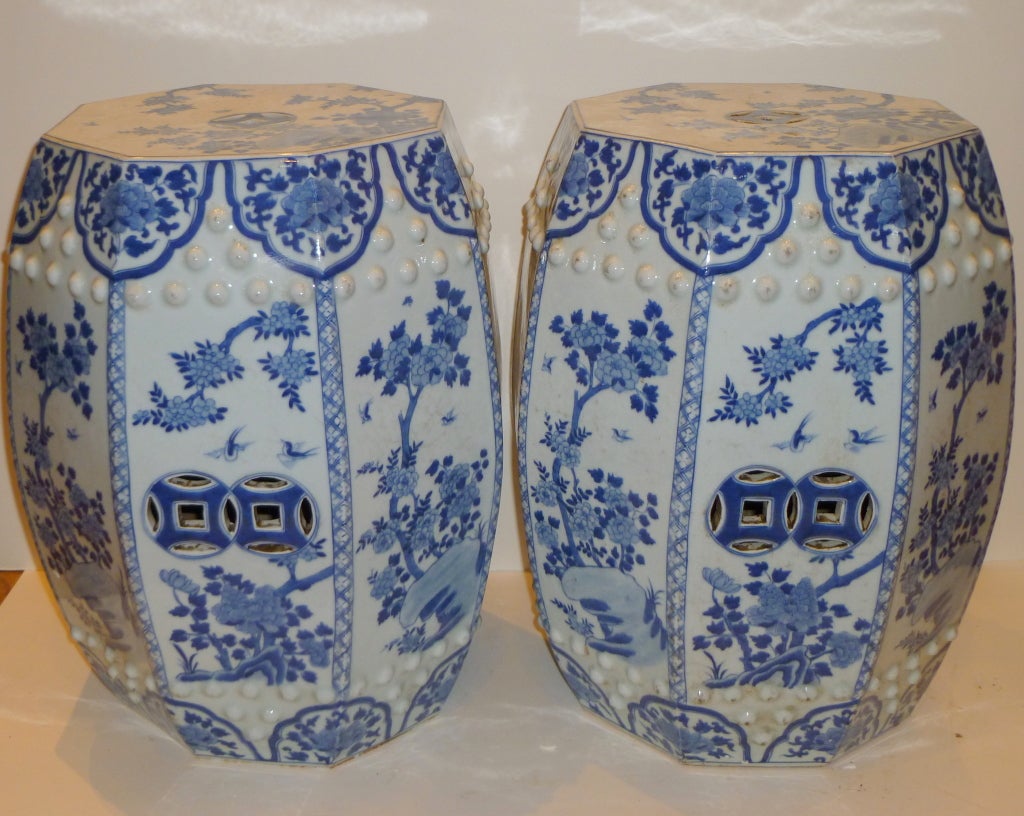Hand-Painted Pair of Chinese Porcelain Garden Seats / End Tables Blue And White Floral Motif