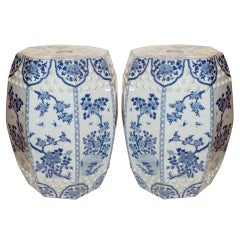 Pair of Chinese Porcelain Garden Seats / End Tables Blue And White Floral Motif