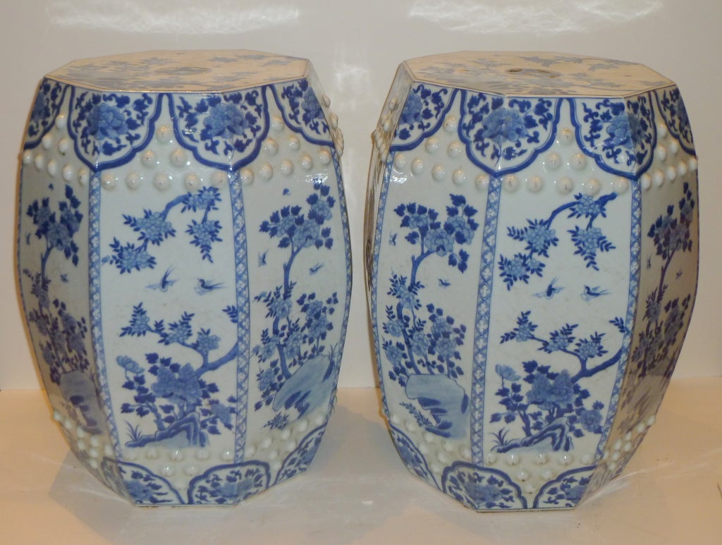 Pair of Chinese Porcelain Garden Seats / End Tables Blue And White Floral Motif In Excellent Condition In Greenwich, CT