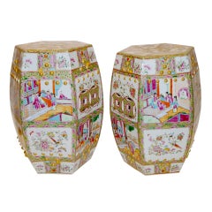 A Pair Of Porcelain Stools With Polychrome Motif