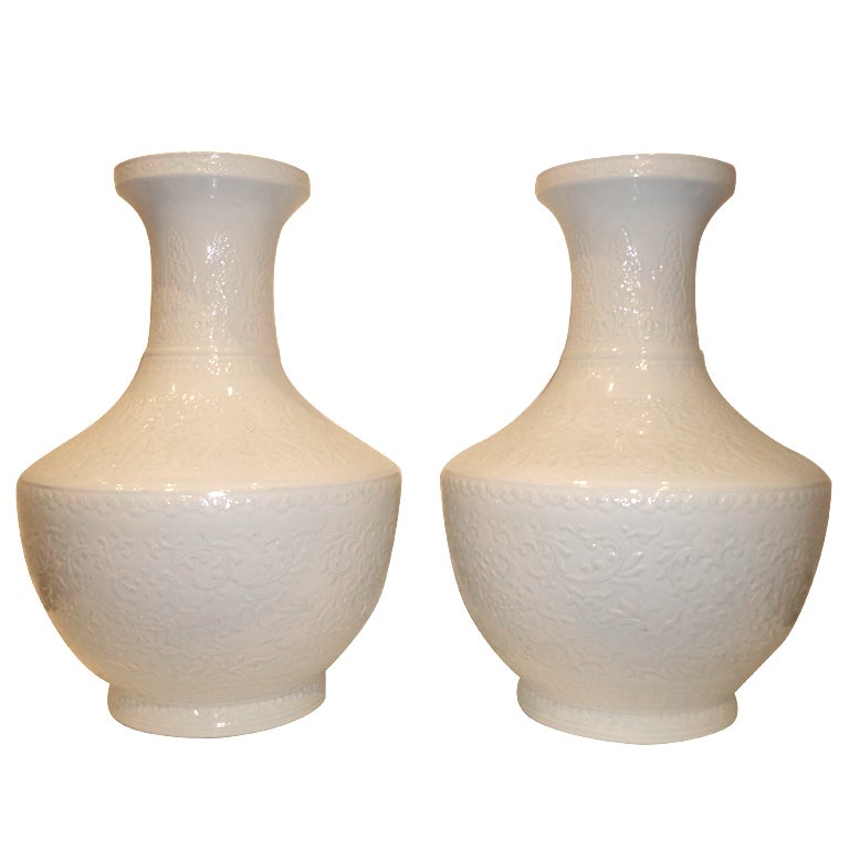 Pair of White Porcelain Vases with Under-Glaze Floral Motif