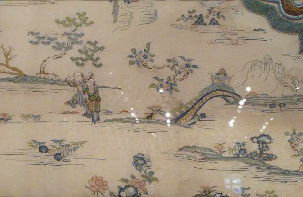 Refined and elegant Chinese imperial noble woman's robe, hand embroidered in chain stitch on silk gauze, beautiful colors, excellent detail, 19th century, museum conservation framed. Please view our website at www.greenwichorientalantiques.com for