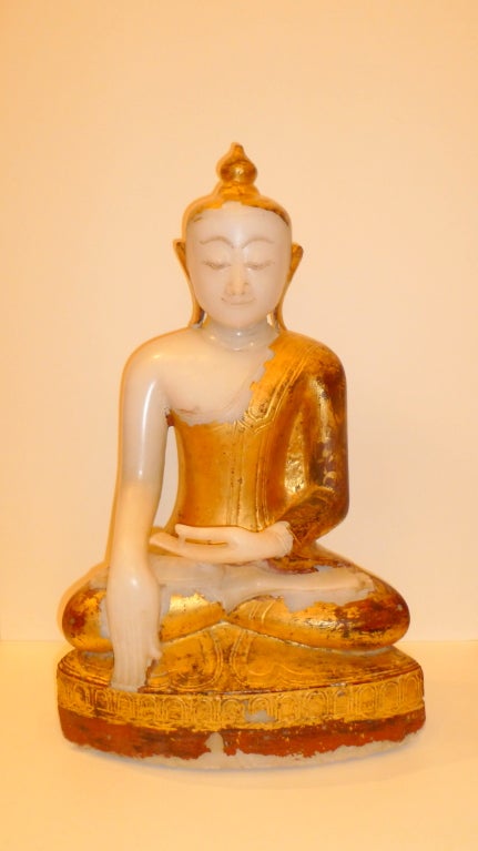 A very  fine Burmese white marble sitting Buddha with gold leafing, refined detail, benevolent facial expression, white marble quality is superb.