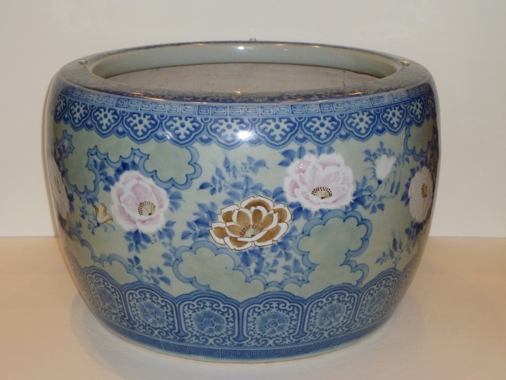 Fine Japanese Porcelain Hibachi Basin, 19th century, fine hand painted blue and color floral motif.
