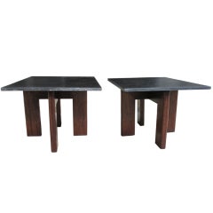Pair Of Hardwood And Slate Top Side Tables