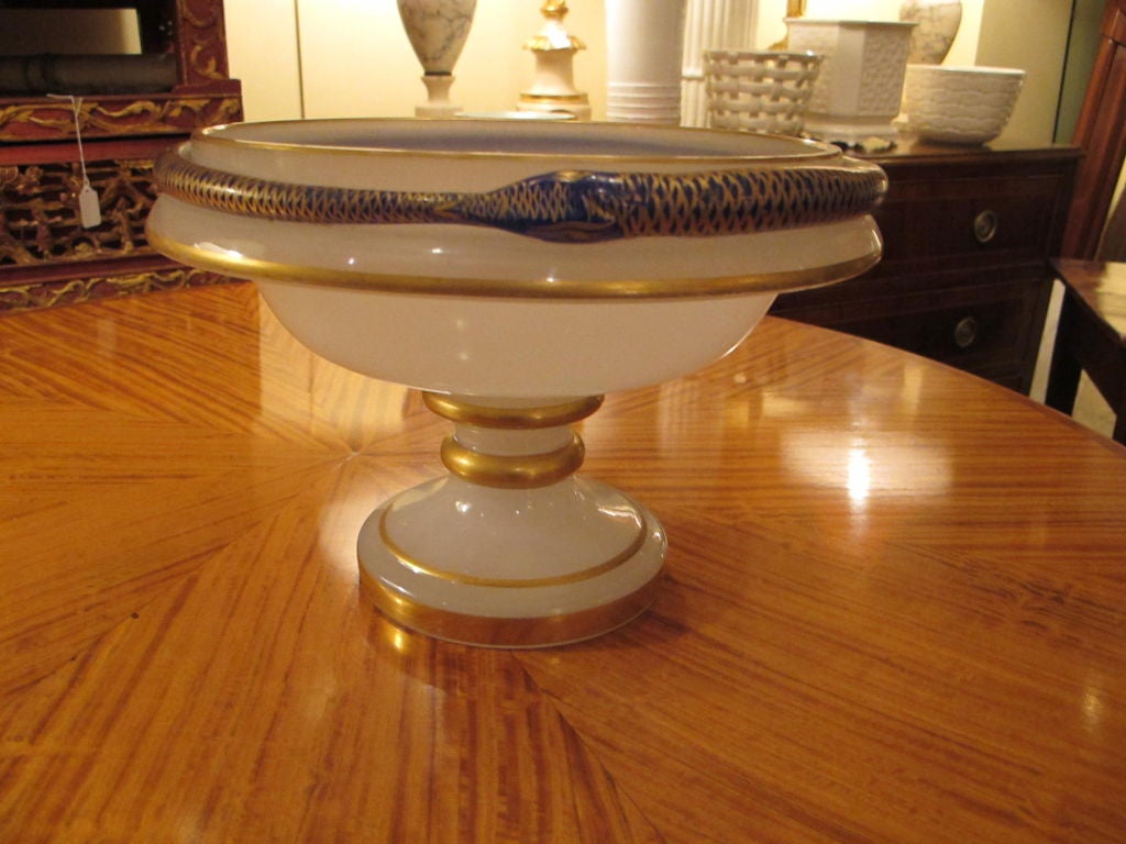 French opaline compote. Napoleon III circa 1840's. decorated with blue snake and gilt detail.
