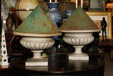 Pair of signed Galway from Pennsylvania terracotta urns with zinc snow lids.