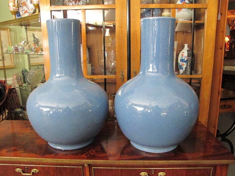Chinese Pair Of Large Robin Egg Blue Decorative Vases