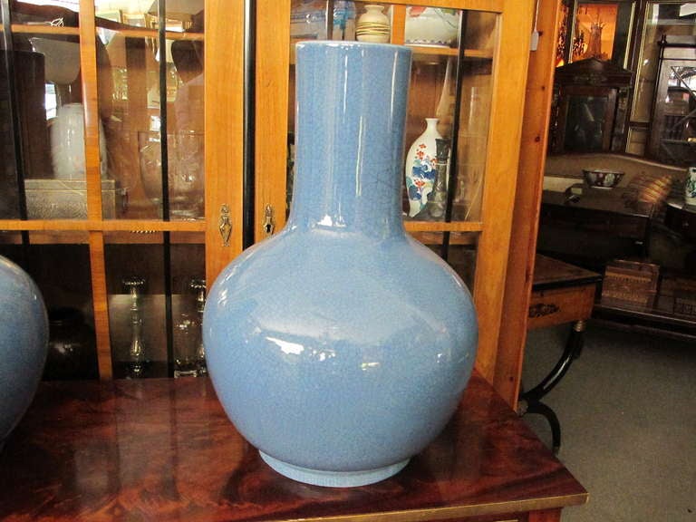 Pair Of Large Robin Egg Blue Decorative Vases In Good Condition In Hudson, NY