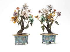 Glass and cut stone bonsai trees in cloisonné pots