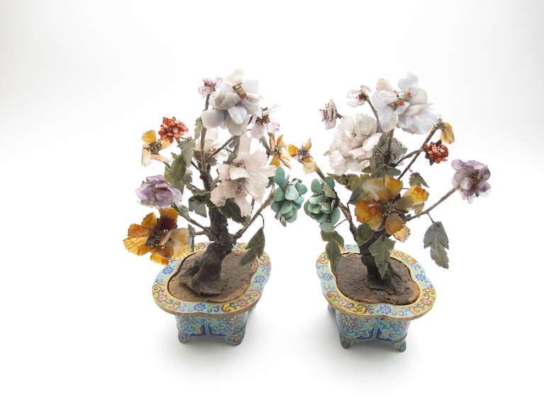 19th Century Glass and cut stone bonsai trees in cloisonné pots