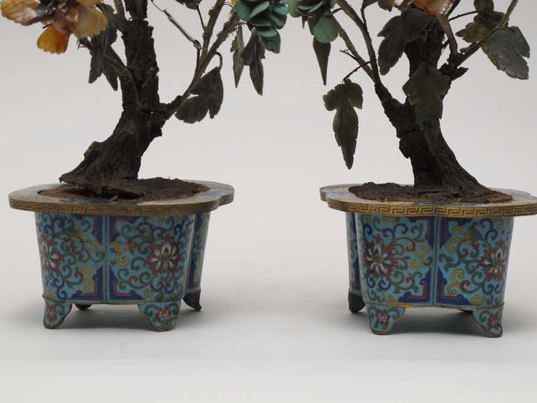 Glass and cut stone bonsai trees in cloisonné pots 1