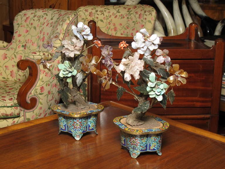 Glass and cut stone bonsai trees in cloisonné pots 2