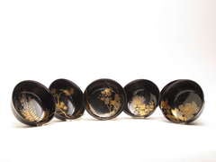 Set of six lacquer bowl depicting various flora