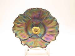 Art Nouveau iridescent and gilded pansy, footed dish