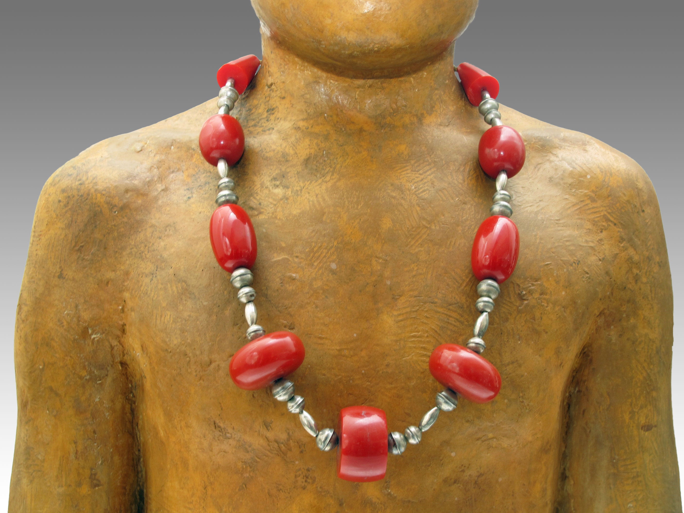 Low grade silver and red bakelite necklace