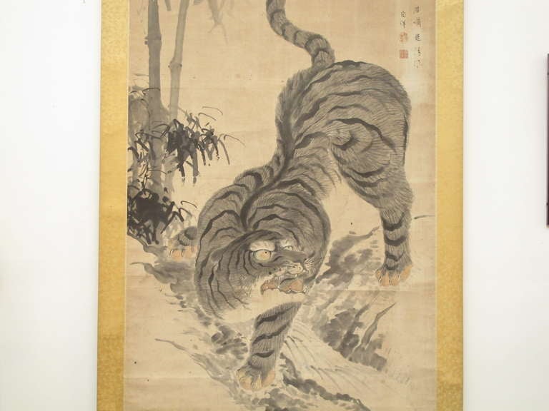 Japanese scroll of tiger in bamboo grove In Good Condition For Sale In Hudson, NY