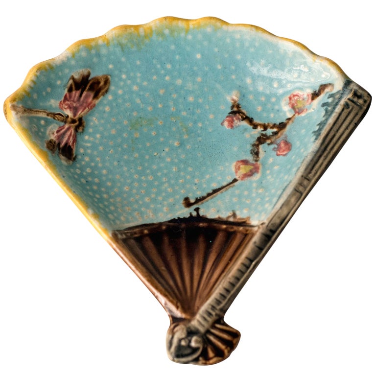 Japonisme Dragonfly & Fan Motif Majolica Plate