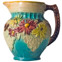Antique Flower and Lace Motif Majolica Pitcher with Handle