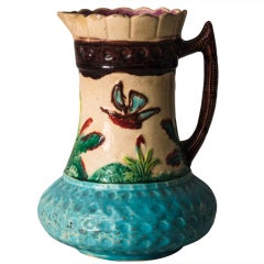 Scalloped Edge Tall Majolica Pitcher with Bird & Plant Motif