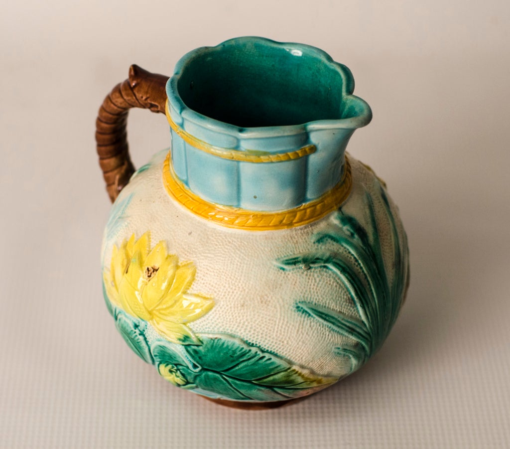 English Floral Squat Majolica Pitcher with Turquoise Interior
