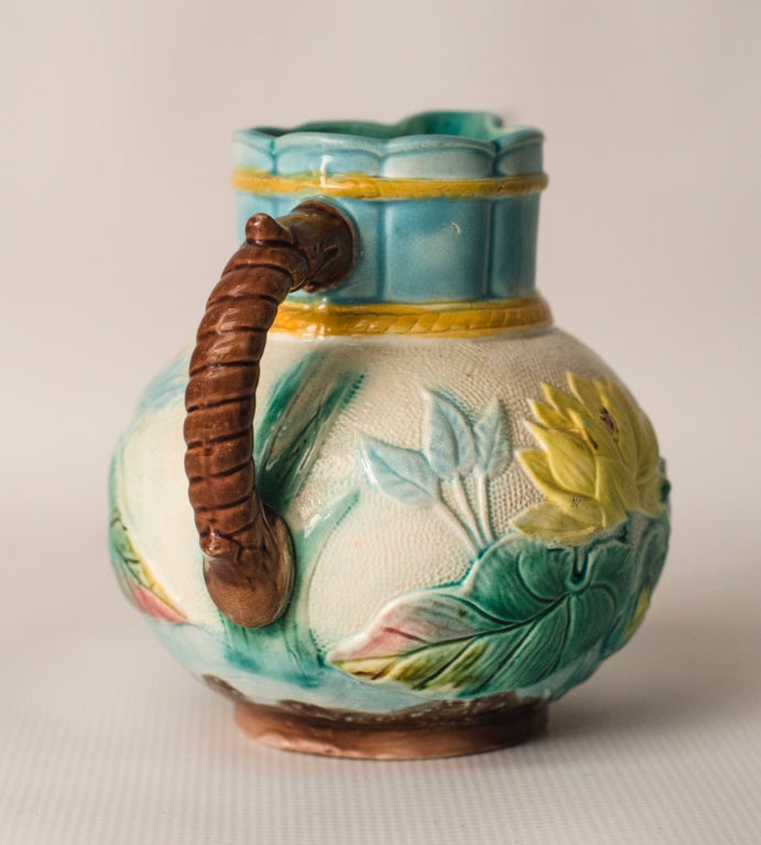 19th Century Floral Squat Majolica Pitcher with Turquoise Interior