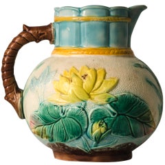 Floral Squat Majolica Pitcher with Turquoise Interior