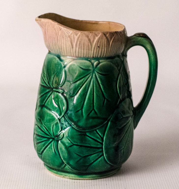 Textured Lily Pad Leaf pattern, Majolica Pitcher with Handle in the manner of Griffen, Smith & Co.