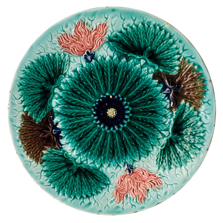 Plant Motif Majolica Plate, Stamped