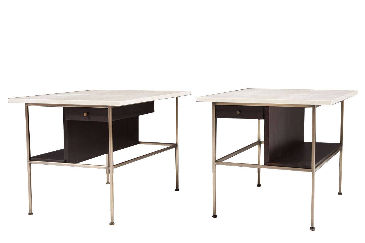 Patinated Paul McCobb 8702 Travertine-Top Tables for Directional