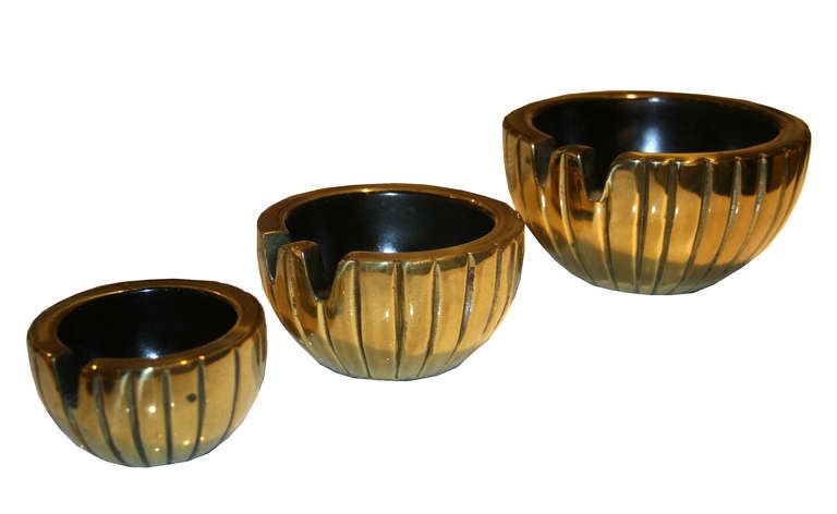 Ben Seibel for Jenfredware Set of Three Nesting Brass Bowls circa 1950s. Bowls were originally intended as ashtrays but look to have been not used and can be used for other purposes as well.

This item is located at our 1stdibs booth in the New