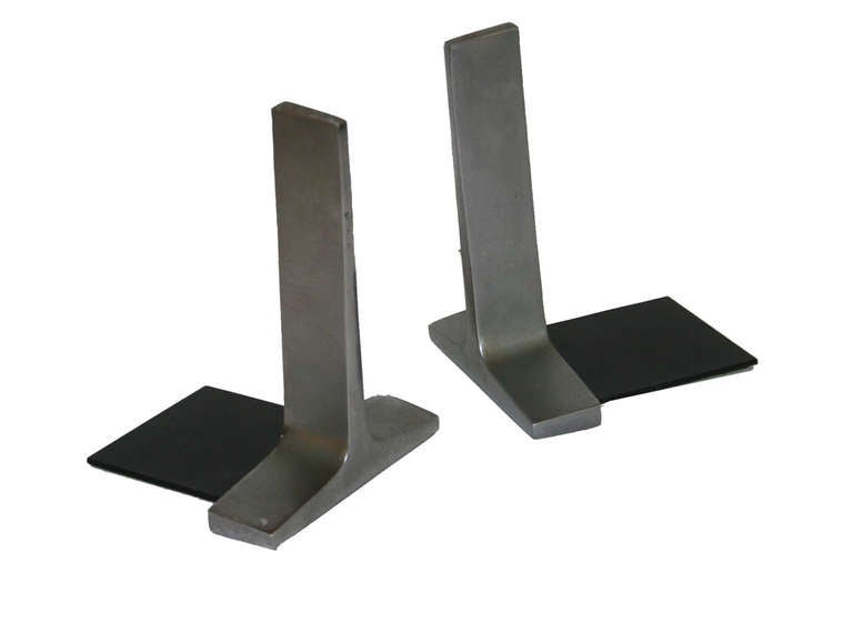 Ben Seibel for Jenfredware steel bookends circa 1950's in original condition.steel form with metal plate bottom foot.
This item is located at our 1stdibs booth in the New York Design Center at 200 Lexington on the 10th floor booth number 1005.