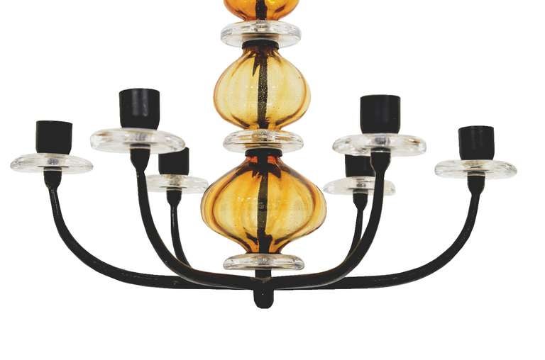 Mid-Century Modern Erik Hoglund Six-Light Amber Glass and Iron Chandelier