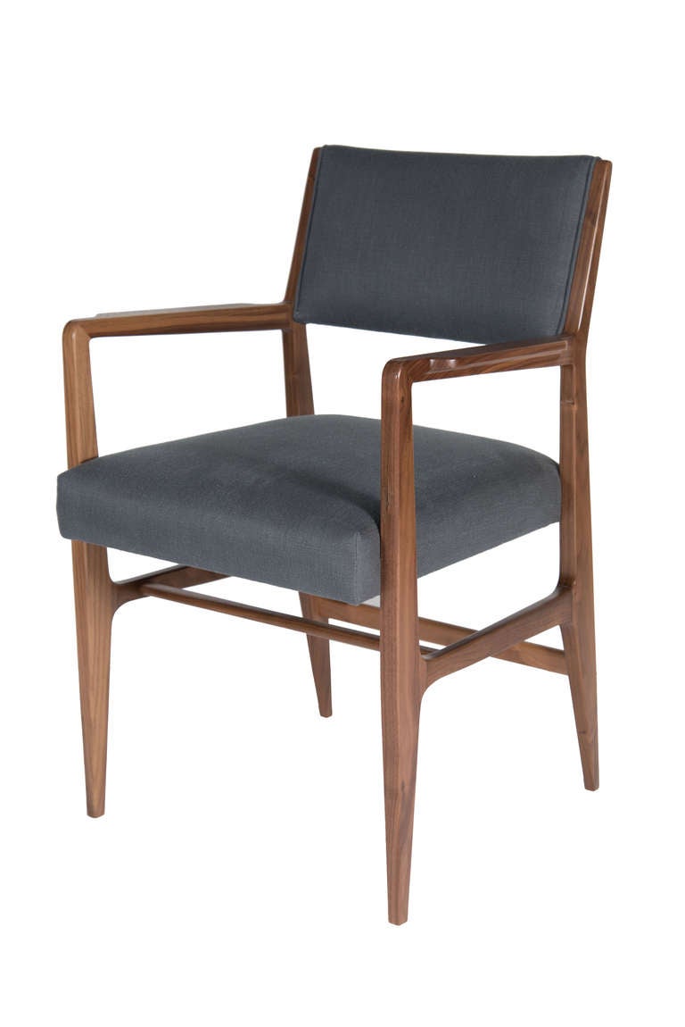 Walnut dining chair.

Seat height-19".
Seat depth -19.5".
COM requirements: 1.5 yards.
5% up-charge for contrasting fabrics and or welting.
COL requirements:30 sq. feet.
5% percentage up-charge for all COL or exotic materiels.