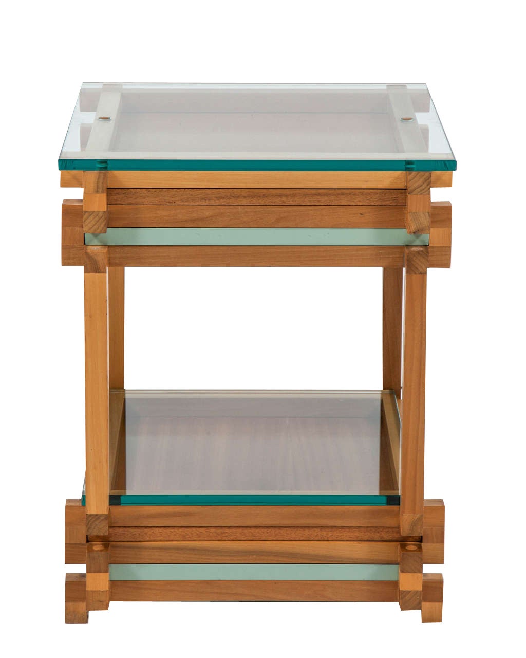 Architectural glass top puzzle table with pull-out lacquered trays, all original finish and glass.