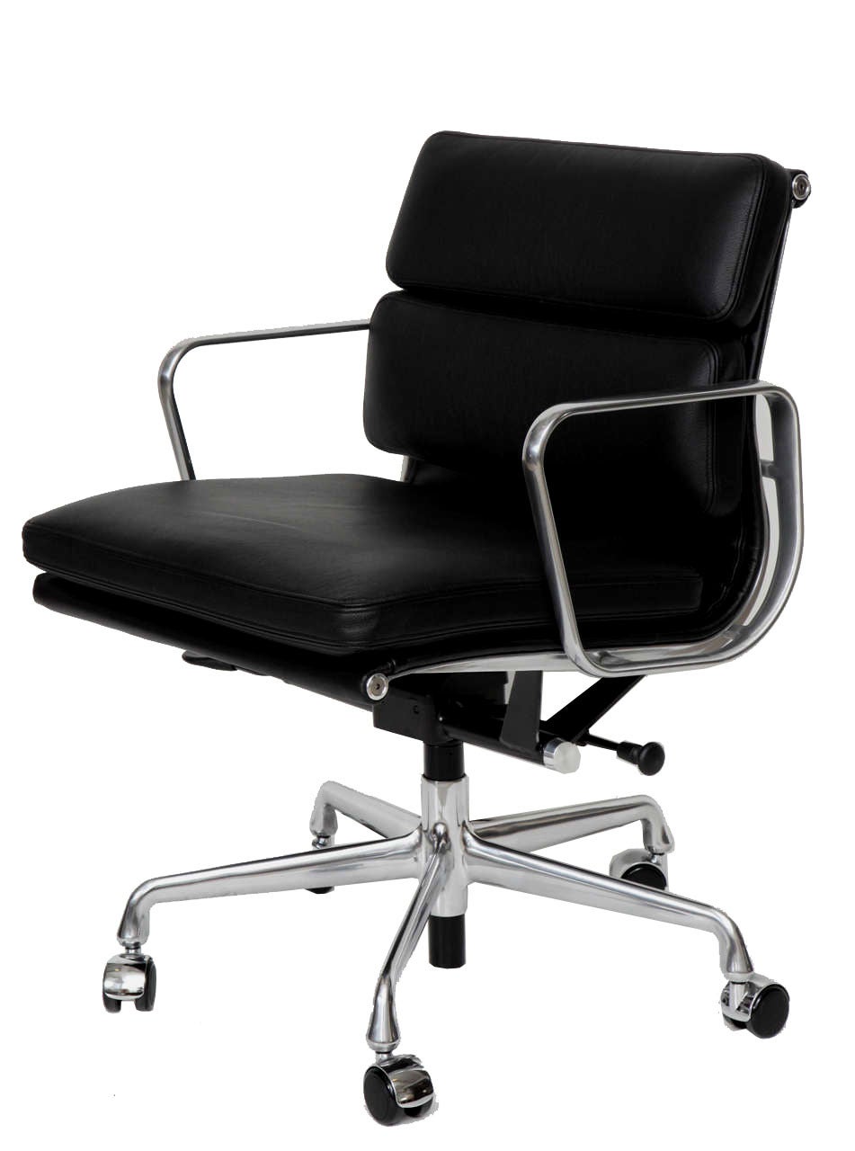 Charles Eames black leather soft pad chair.
