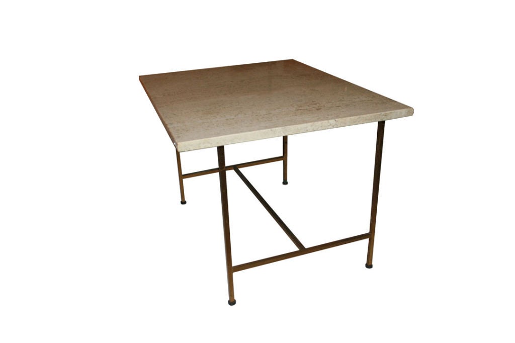 Paul Mccobb Pair of 8722 Travertine Top Brass Tables